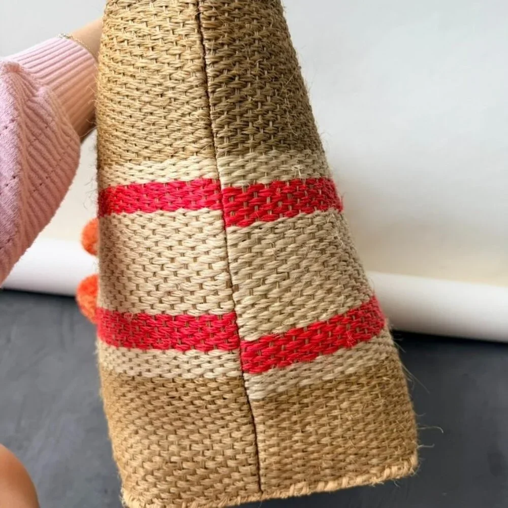 Mar Y Sol Caracas Tote Straw Raffia Pom Pom Beach Tote - Beige/Red